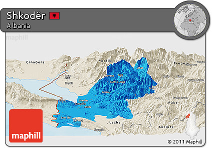Political Panoramic Map of Shkodër, shaded relief outside