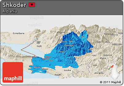 Political Panoramic Map of Shkodër, shaded relief outside
