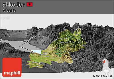 Satellite Panoramic Map of Shkodër, darken, desaturated