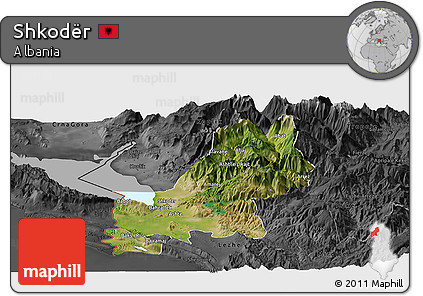 Satellite Panoramic Map of Shkodër, darken, desaturated