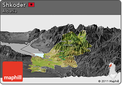 Satellite Panoramic Map of Shkodër, darken, desaturated