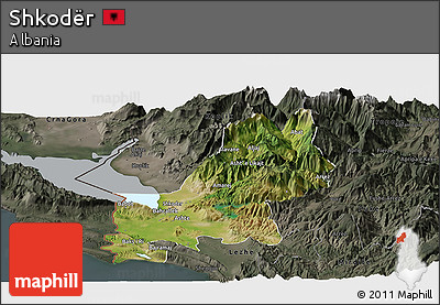 Satellite Panoramic Map of Shkodër, darken, semi-desaturated