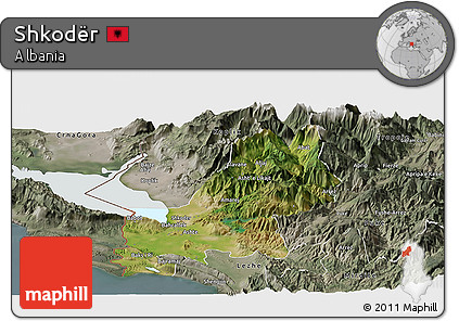 Satellite Panoramic Map of Shkodër, semi-desaturated