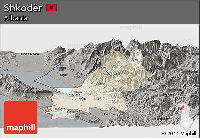 Shaded Relief Panoramic Map of Shkodër, darken, semi-desaturated
