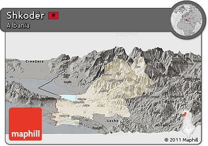 Shaded Relief Panoramic Map of Shkodër, darken, semi-desaturated