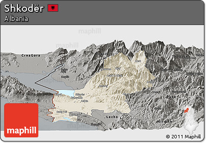 Shaded Relief Panoramic Map of Shkodër, darken, semi-desaturated
