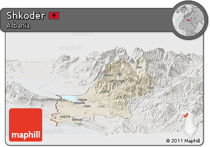 Shaded Relief Panoramic Map of Shkodër, lighten, semi-desaturated
