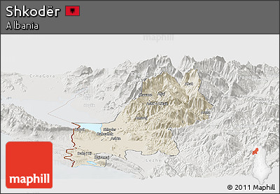 Shaded Relief Panoramic Map of Shkodër, lighten, semi-desaturated