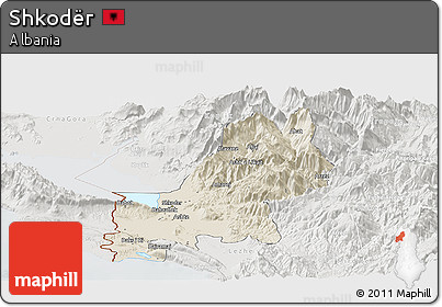 Shaded Relief Panoramic Map of Shkodër, lighten, semi-desaturated