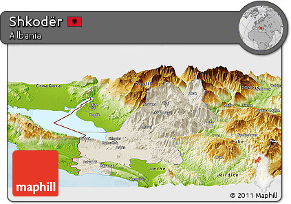 Shaded Relief Panoramic Map of Shkodër, physical outside
