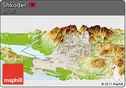 Shaded Relief Panoramic Map of Shkodër, physical outside
