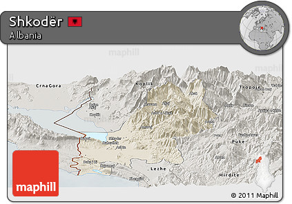 Shaded Relief Panoramic Map of Shkodër, semi-desaturated