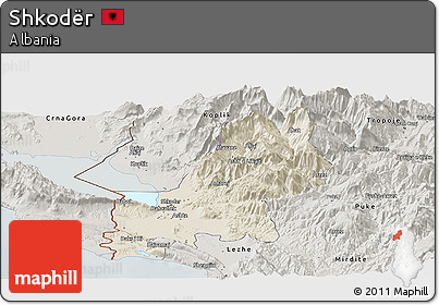Shaded Relief Panoramic Map of Shkodër, semi-desaturated