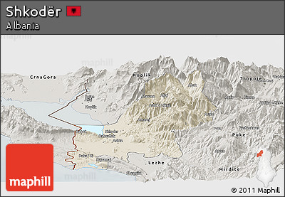 Shaded Relief Panoramic Map of Shkodër, semi-desaturated
