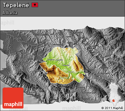 Physical 3D Map of Tepelenë, darken, desaturated