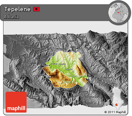 Physical 3D Map of Tepelenë, darken, desaturated