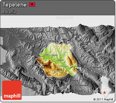 Physical 3D Map of Tepelenë, darken, desaturated