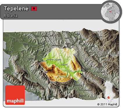 Physical 3D Map of Tepelenë, darken, semi-desaturated