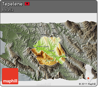 Physical 3D Map of Tepelenë, darken, semi-desaturated