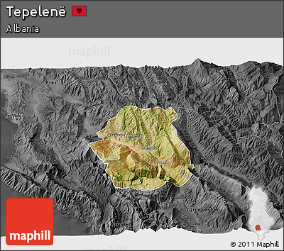 Satellite 3D Map of Tepelenë, darken, desaturated