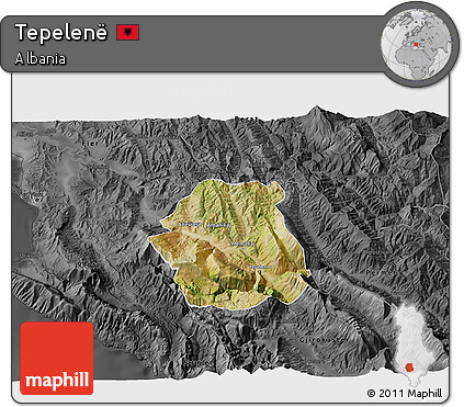 Satellite 3D Map of Tepelenë, darken, desaturated