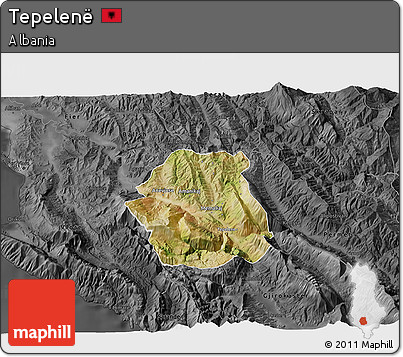 Satellite 3D Map of Tepelenë, darken, desaturated