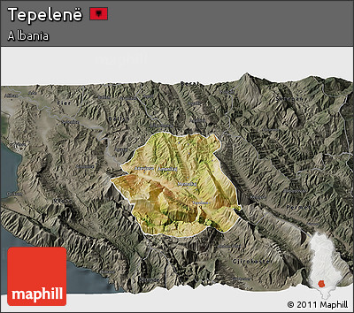 Satellite 3D Map of Tepelenë, darken, semi-desaturated