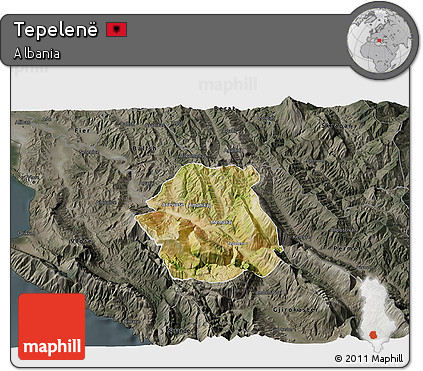 Satellite 3D Map of Tepelenë, darken, semi-desaturated