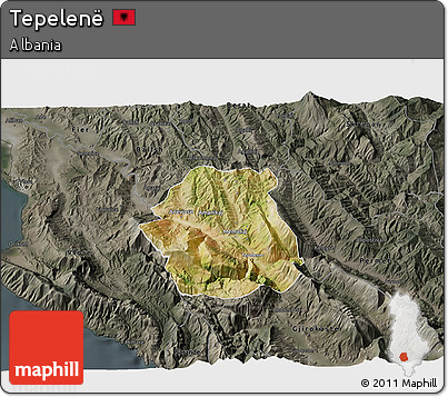 Satellite 3D Map of Tepelenë, darken, semi-desaturated