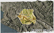 Satellite 3D Map of Tepelenë, darken, semi-desaturated