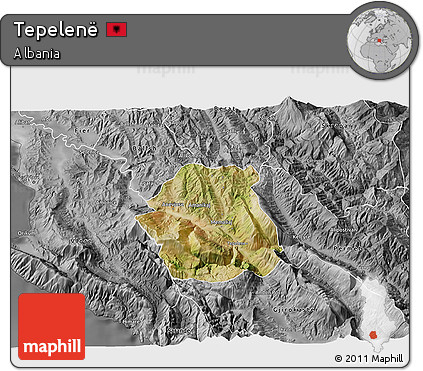 Satellite 3D Map of Tepelenë, desaturated