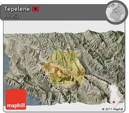 Satellite 3D Map of Tepelenë, semi-desaturated