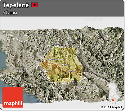 Satellite 3D Map of Tepelenë, semi-desaturated