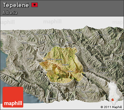 Satellite 3D Map of Tepelenë, semi-desaturated