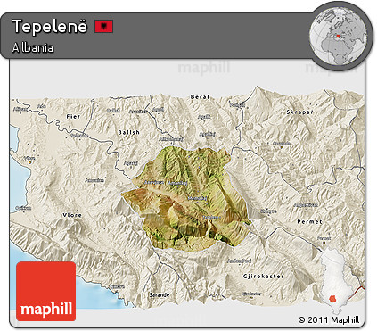 Satellite 3D Map of Tepelenë, shaded relief outside