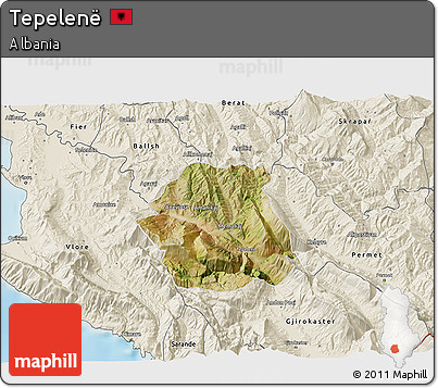 Satellite 3D Map of Tepelenë, shaded relief outside