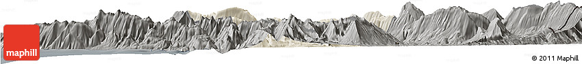Shaded Relief Horizon Map of Tepelenë, darken, semi-desaturated