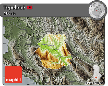 Physical Map of Tepelenë, darken, semi-desaturated