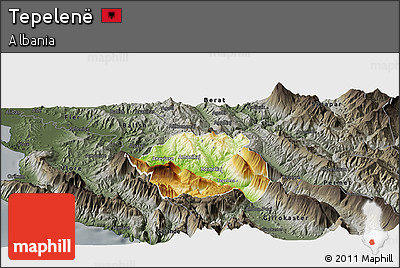Physical Panoramic Map of Tepelenë, darken, semi-desaturated