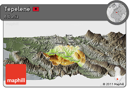 Physical Panoramic Map of Tepelenë, darken, semi-desaturated