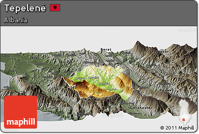 Physical Panoramic Map of Tepelenë, darken, semi-desaturated