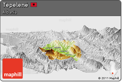 Physical Panoramic Map of Tepelenë, lighten, desaturated