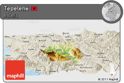 Physical Panoramic Map of Tepelenë, shaded relief outside