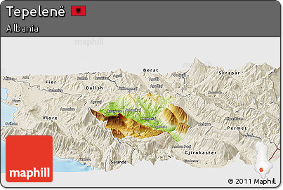 Physical Panoramic Map of Tepelenë, shaded relief outside