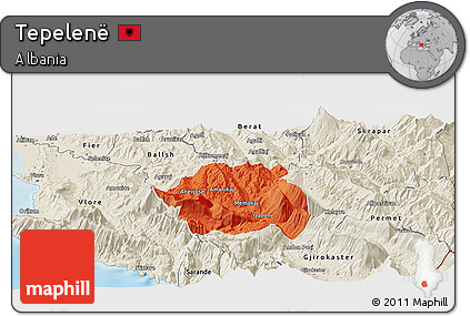 Political Panoramic Map of Tepelenë, shaded relief outside