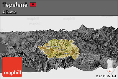 Satellite Panoramic Map of Tepelenë, darken, desaturated
