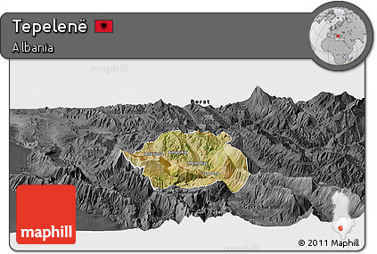 Satellite Panoramic Map of Tepelenë, darken, desaturated