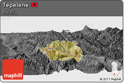 Satellite Panoramic Map of Tepelenë, darken, desaturated