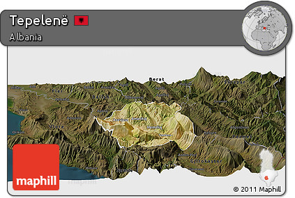 Satellite Panoramic Map of Tepelenë, darken