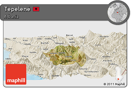 Satellite Panoramic Map of Tepelenë, shaded relief outside